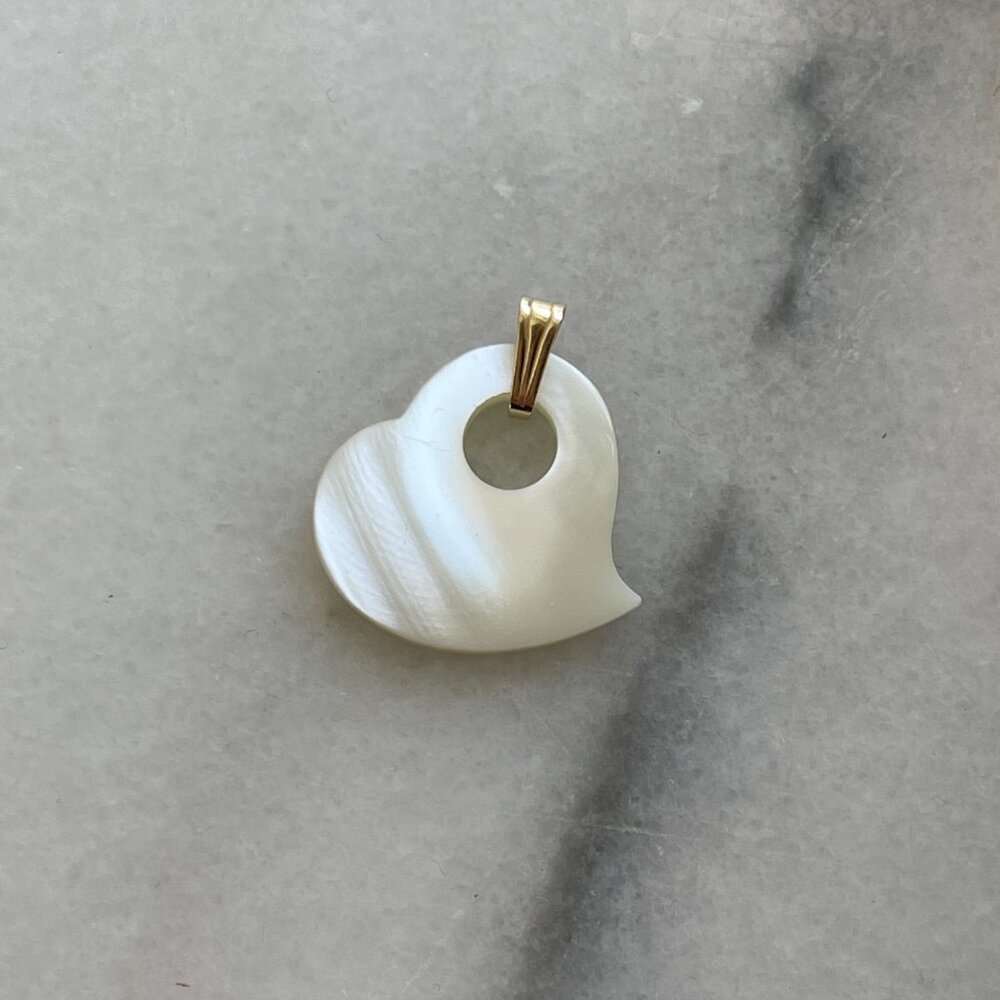 Vintage 14K Gold Mother of Pearl Heart Pendant: Witch's Heart Charm 1990s